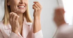 A woman using dental floss to clean between her teeth