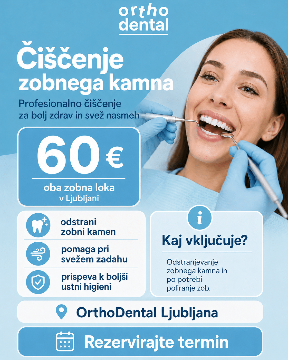 Promocijski oglas za OrthoDental Ljubljana za čiščenje zobnega kamna. Na desni je nasmejana pacientka med zobozdravstvenim pregledom, na levi pa so predstavljeni cena 60 €, koristi storitve in vključeno odstranjevanje zobnega kamna ter po potrebi poliranje zob.