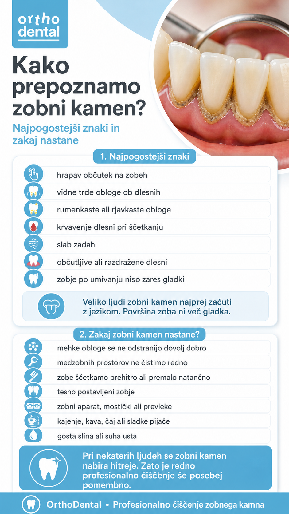 Infografika OrthoDental o nastanku, znakih in odstranjevanju zobnega kamna.