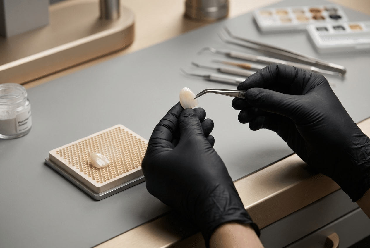 Izdelava zobne luske v laboratoriju – zobni tehnik v črnih rokavicah s pinceto drži porcelanasto zobno lusko (veneer), prikaz natančne ročne izdelave.